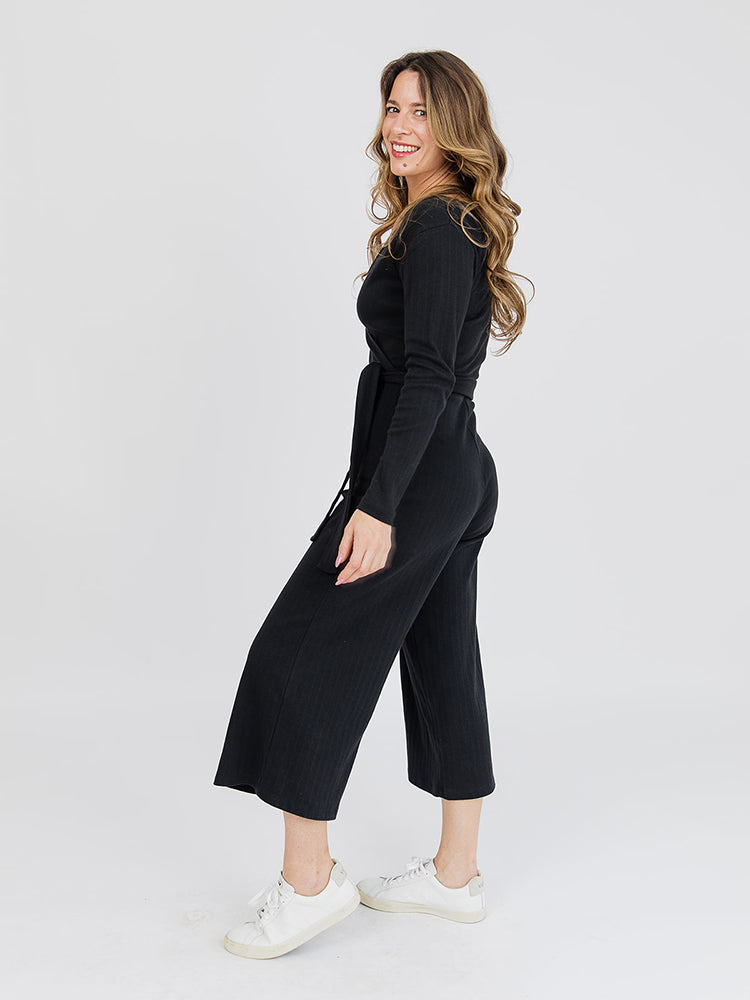 Rita Long Sleeve Jumpsuit - Black Rib Knit - Image 3