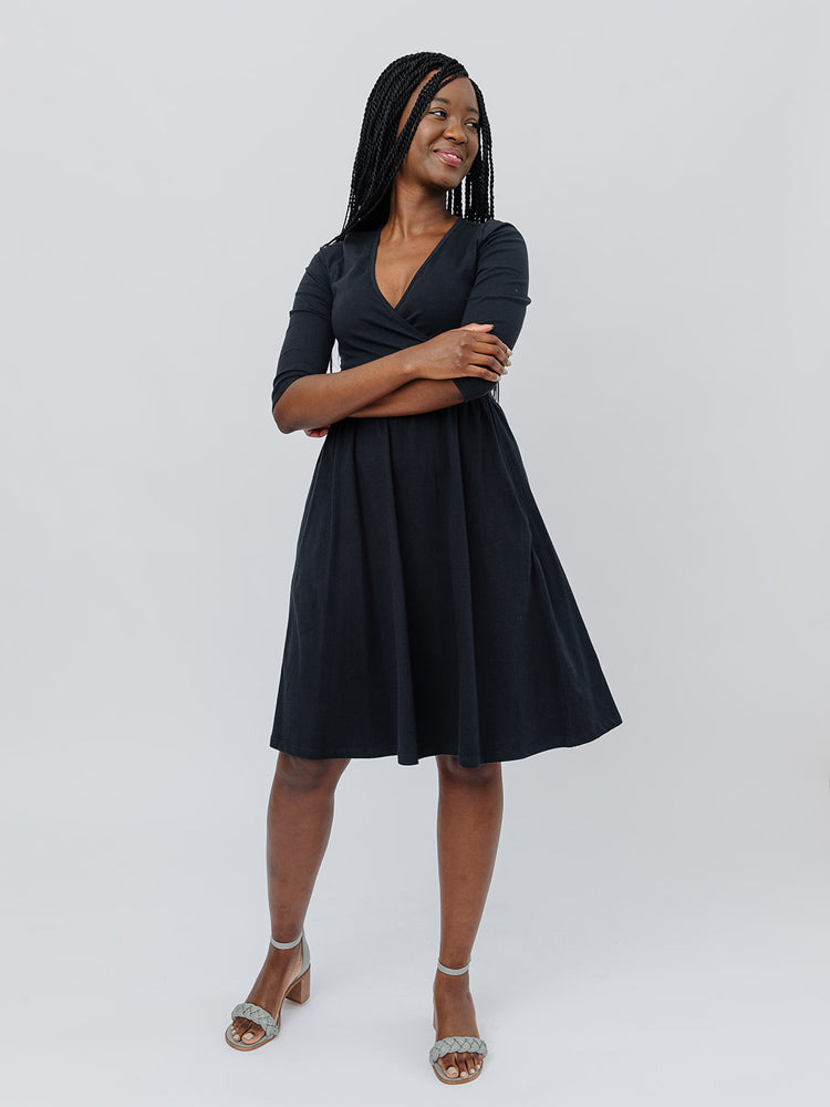 Callie 3/4 Sleeve Wrap Dress - Black - Image 1
