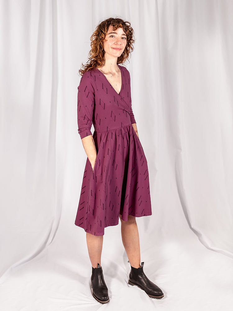 Callie 3/4 Sleeve Wrap Dress - Diamond Vine Dark Purple - Image 5