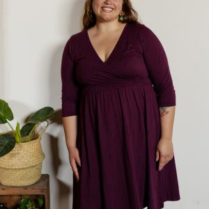 Callie 3/4 Sleeve Plus Size Wrap Dress - Diamond Vine Dark Purple - Image 1