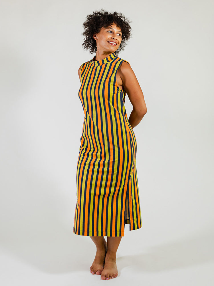 Maggie Mock Neck Dress - Navy Chartreuse Stripe - Image 2