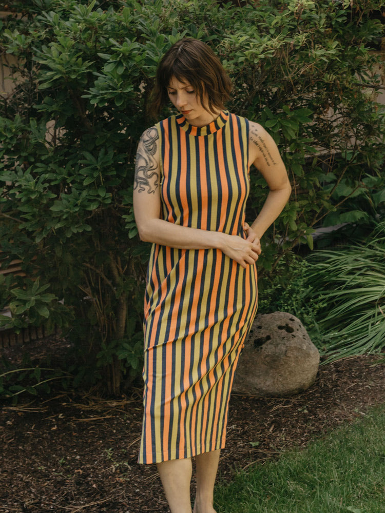 Maggie Mock Neck Dress - Navy Chartreuse Stripe - Image 4