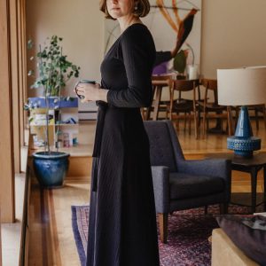 Katie Maxi Wrap Dress - Black Rib Knit - Image 6