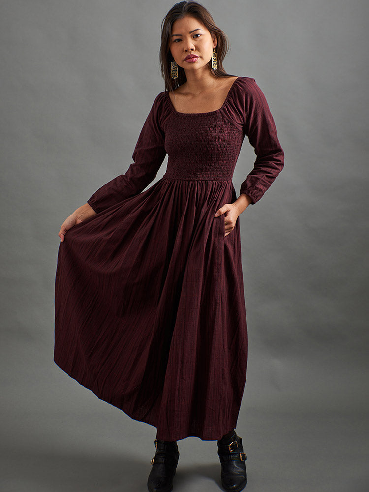 Hailee Smocked Midi Dress - Maroon Plaid - 图片 1