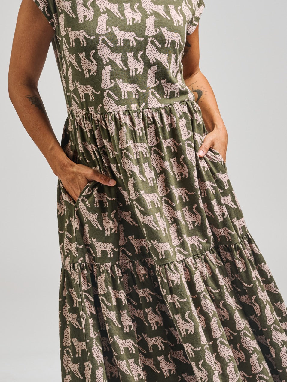 Tiered Jersey Dress - Leopard Green - Image 2
