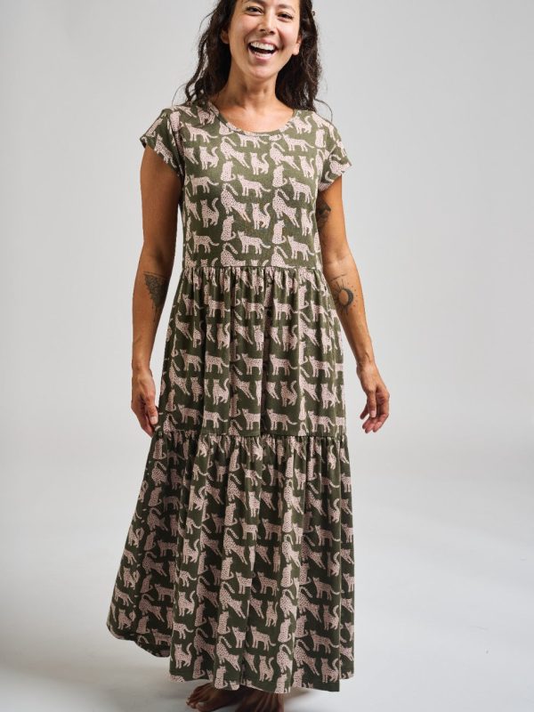 Tiered Jersey Dress - Leopard Green