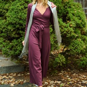 Rita Long Sleeve Jumpsuit - Eggplant Rib Knit - 图片 5