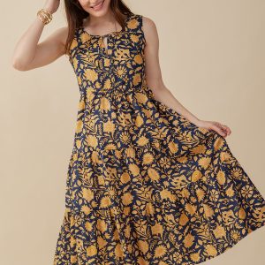 Thais Tiered Sleeveless Dress - Navy Botanical - Image 1