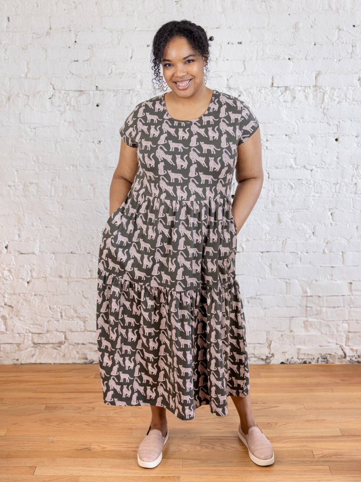 Tiered Jersey Plus Size Dress - Leopard Green - Image 1