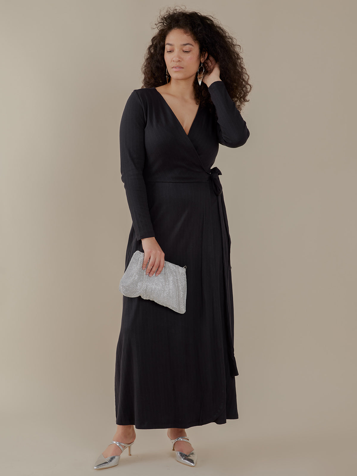 Katie Maxi Wrap Dress - Black Rib Knit - Image 5
