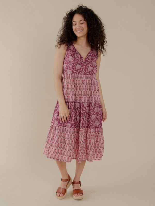 Thais Tiered Sleeveless Dress - Magenta Vine Floral