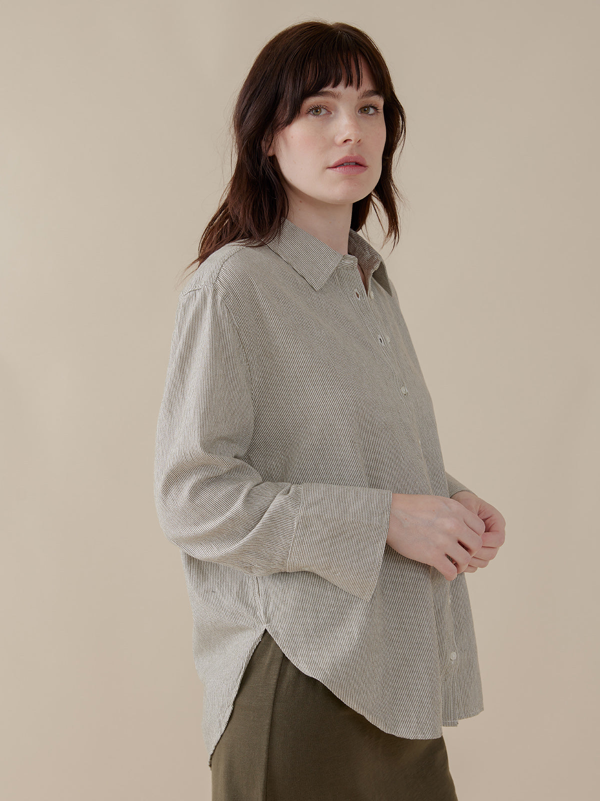 Mae Oversized Shirt - Olive Stripe - Image 2