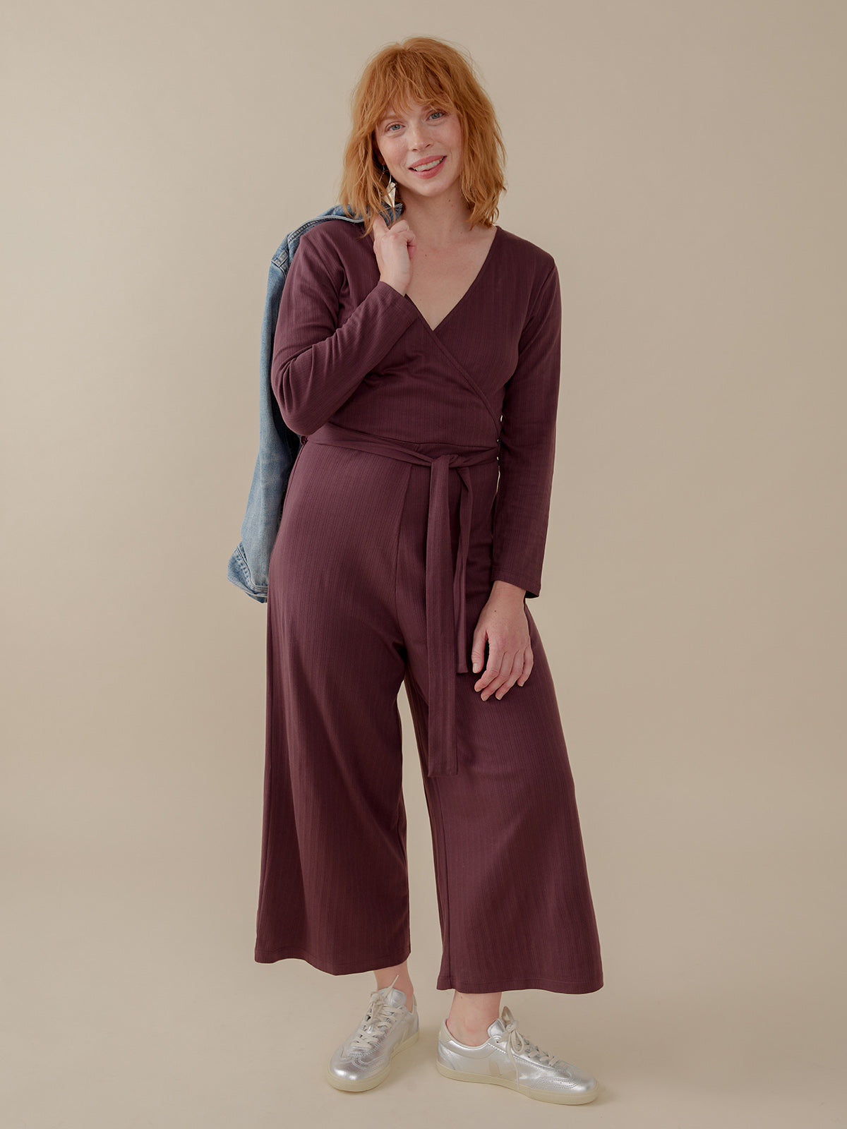 Rita Long Sleeve Jumpsuit - Eggplant Rib Knit - 图片 1