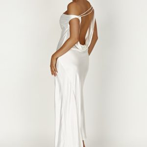 Yvette Slip Maxi Dress With Asymmetrical Hem - White