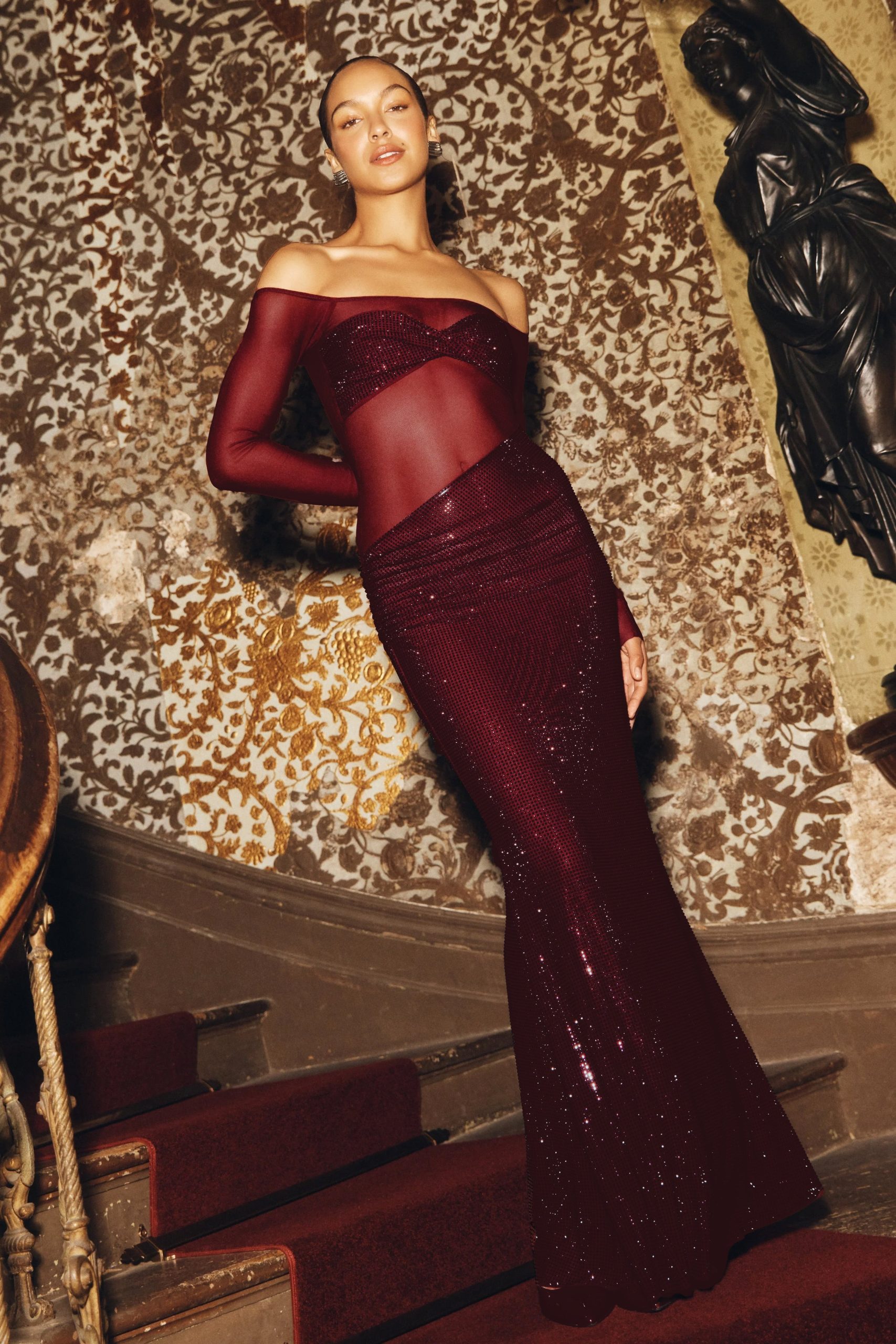 Nash Diamante Off Shoulder Maxi Dress - Mahogany - Image 2