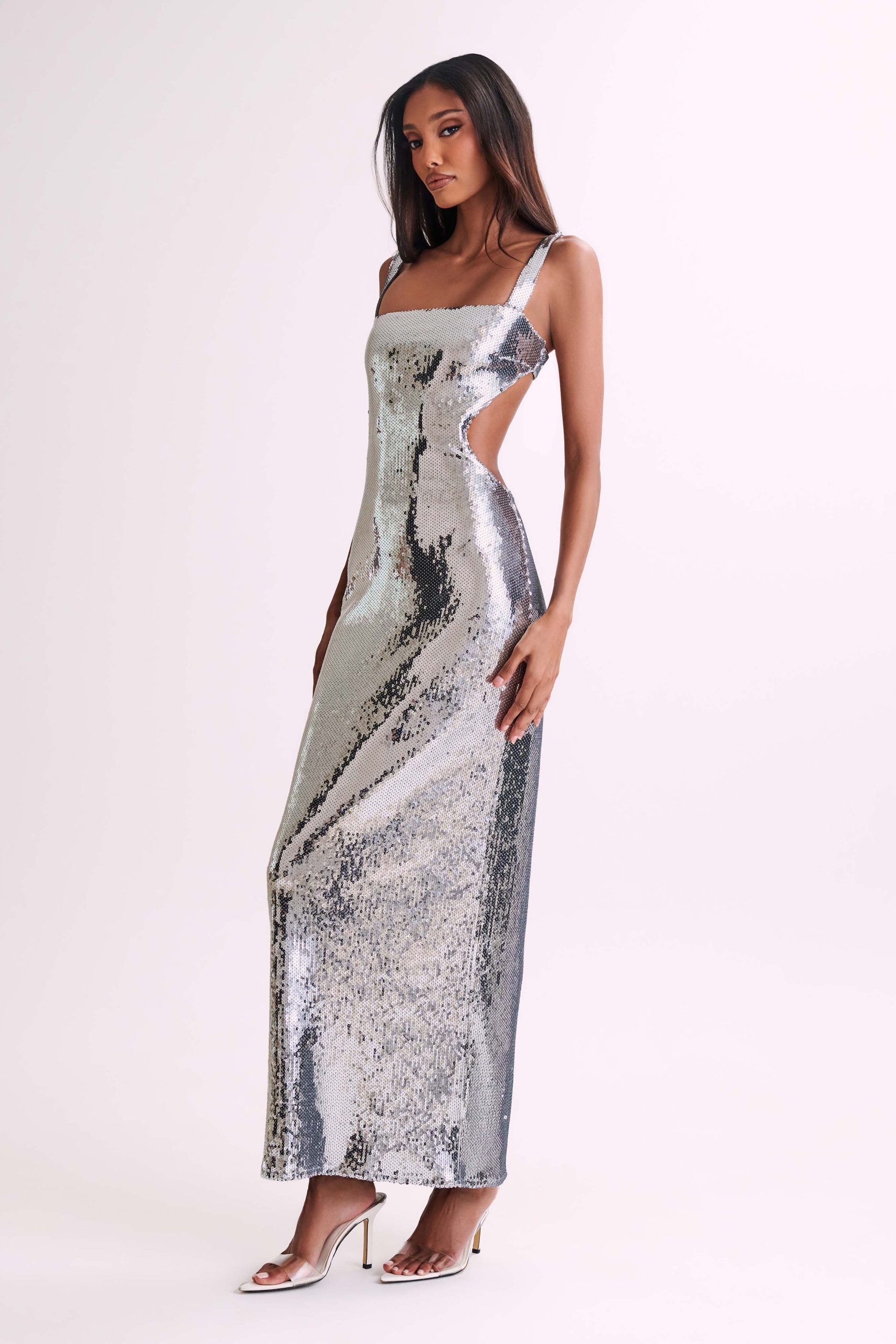 Adoria Sequin Cut Out Maxi Dress - Silver - Image 9