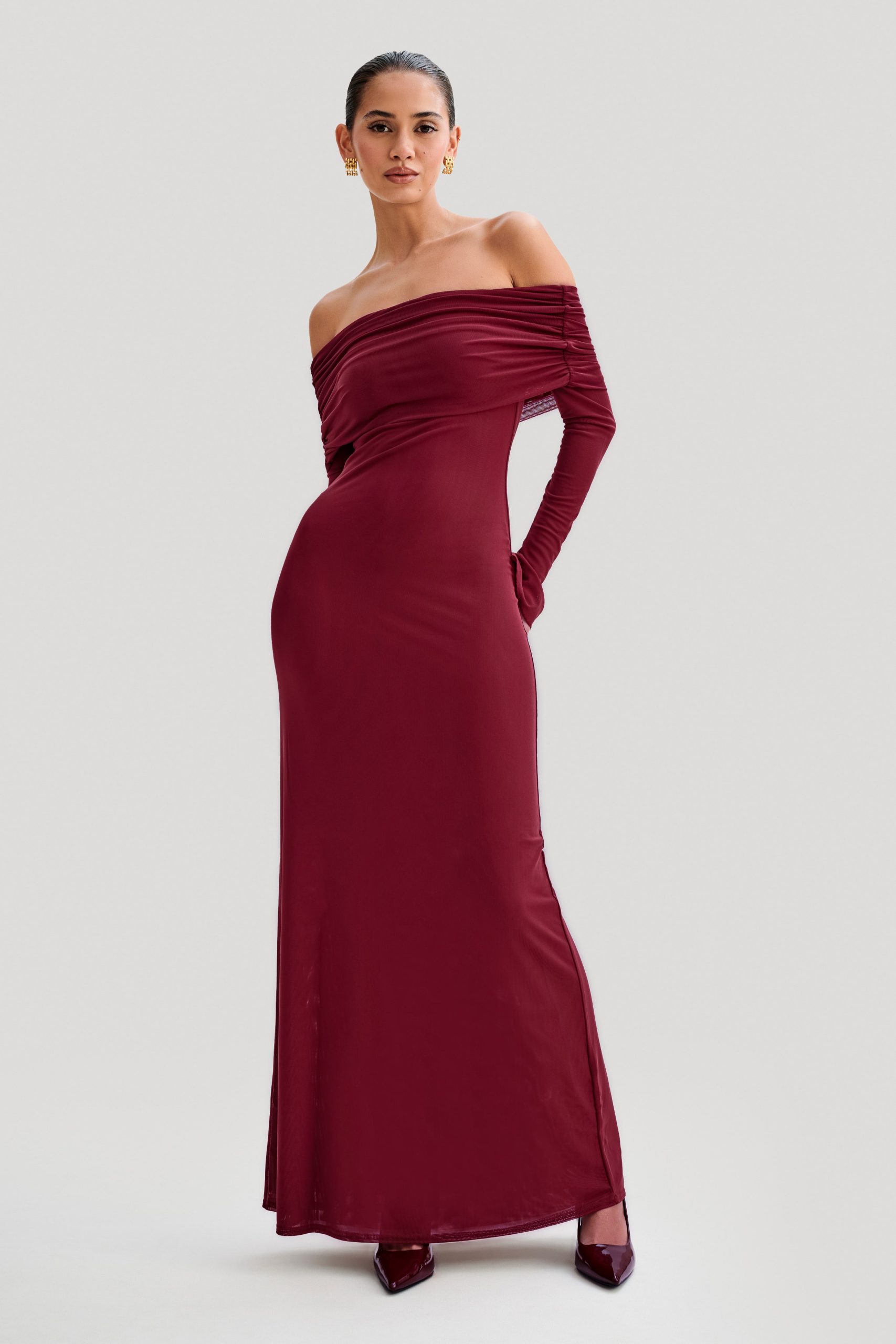 Josie Off Shoulder Mesh Maxi Dress - Wine - Image 3
