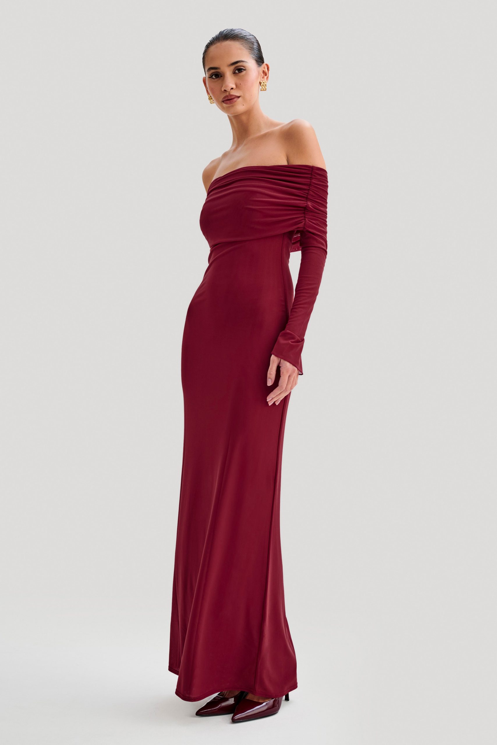 Josie Off Shoulder Mesh Maxi Dress - Wine - Image 4