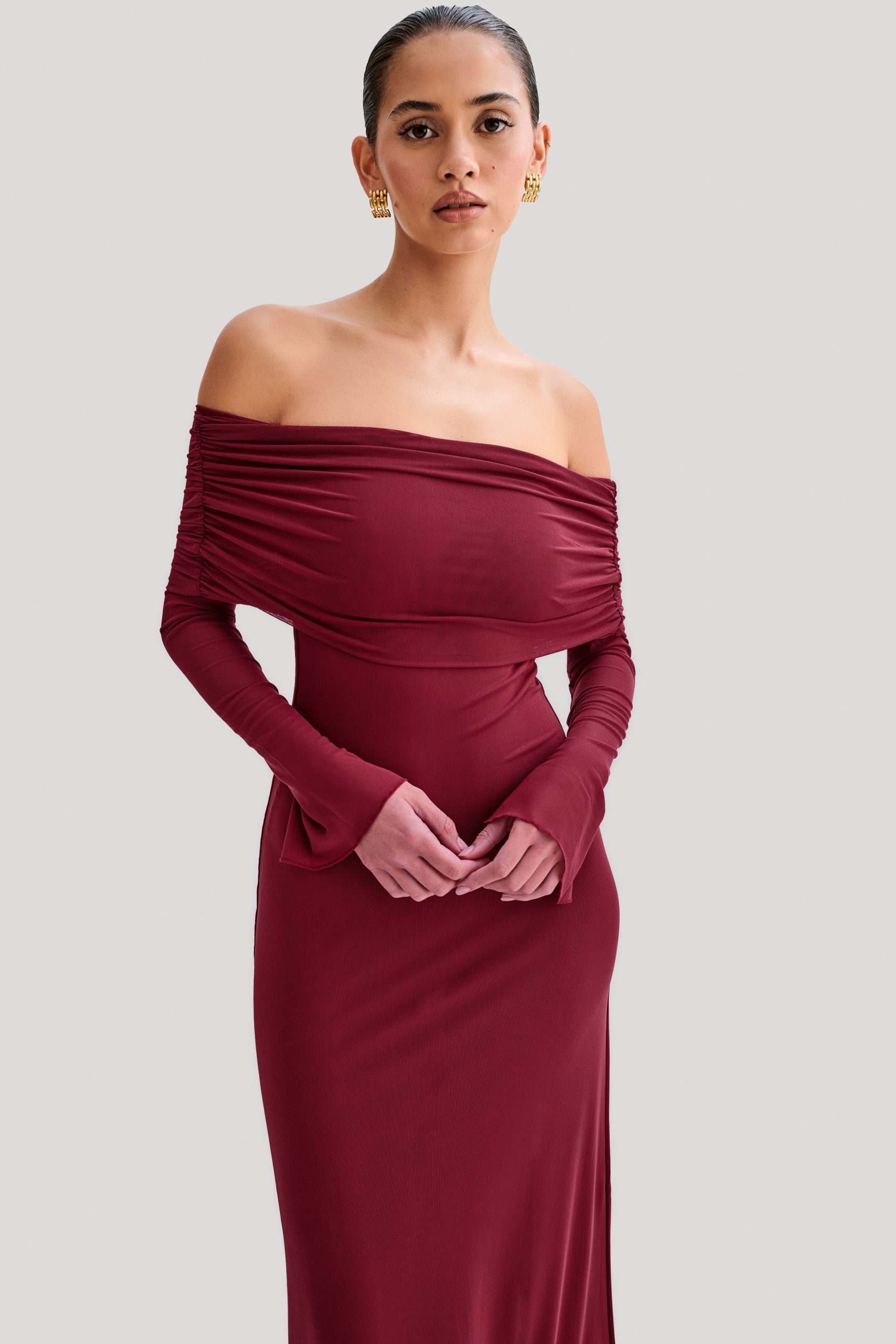 Josie Off Shoulder Mesh Maxi Dress - Wine - Image 5