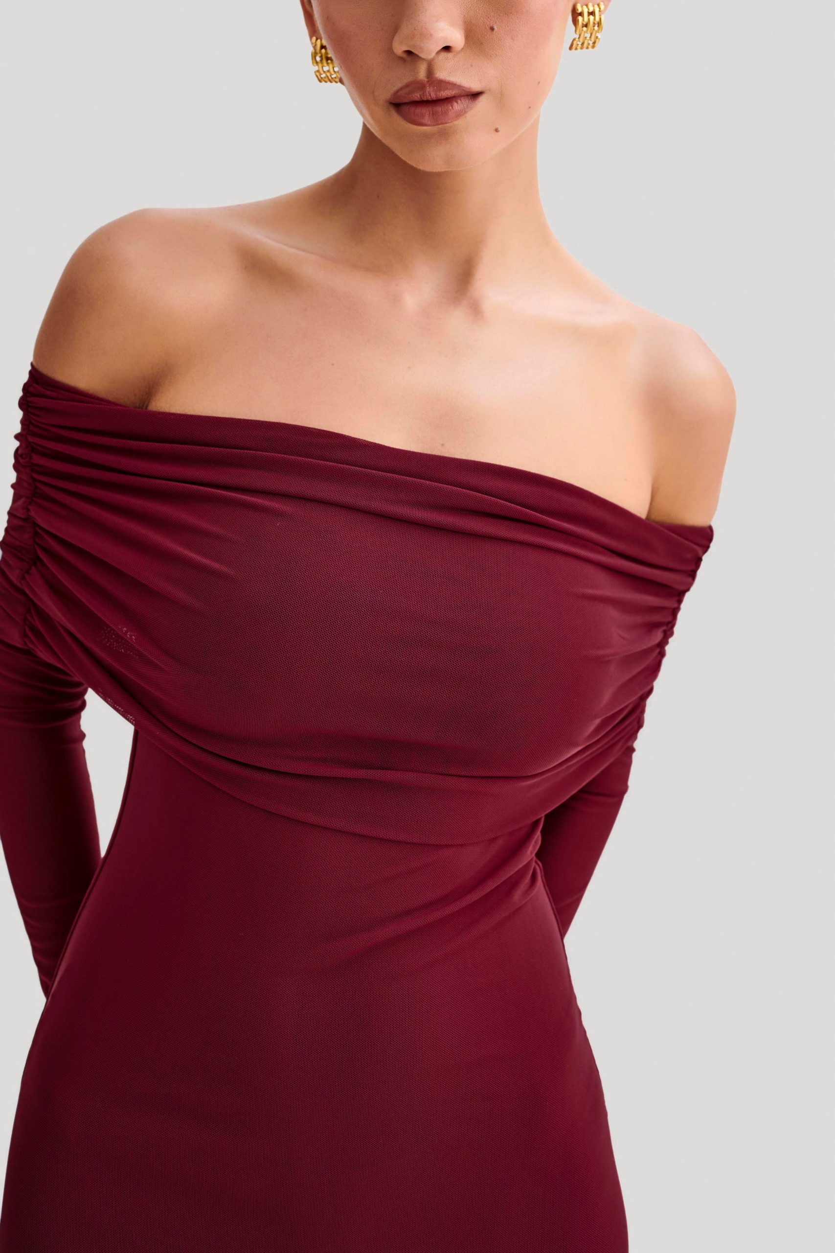 Josie Off Shoulder Mesh Maxi Dress - Wine - Image 6