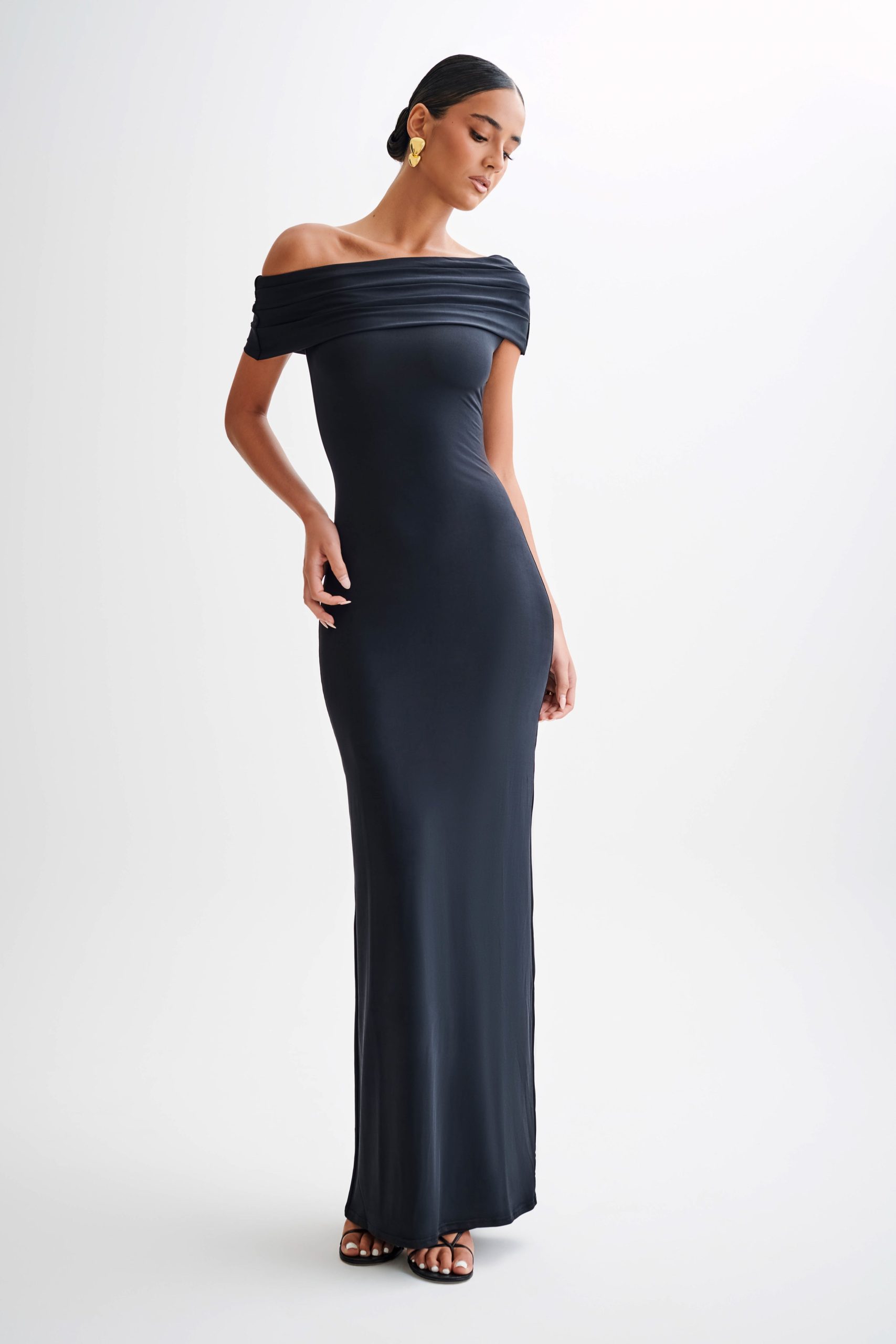 Cassandra Off Shoulder Slinky Maxi Dress - Black - Image 5