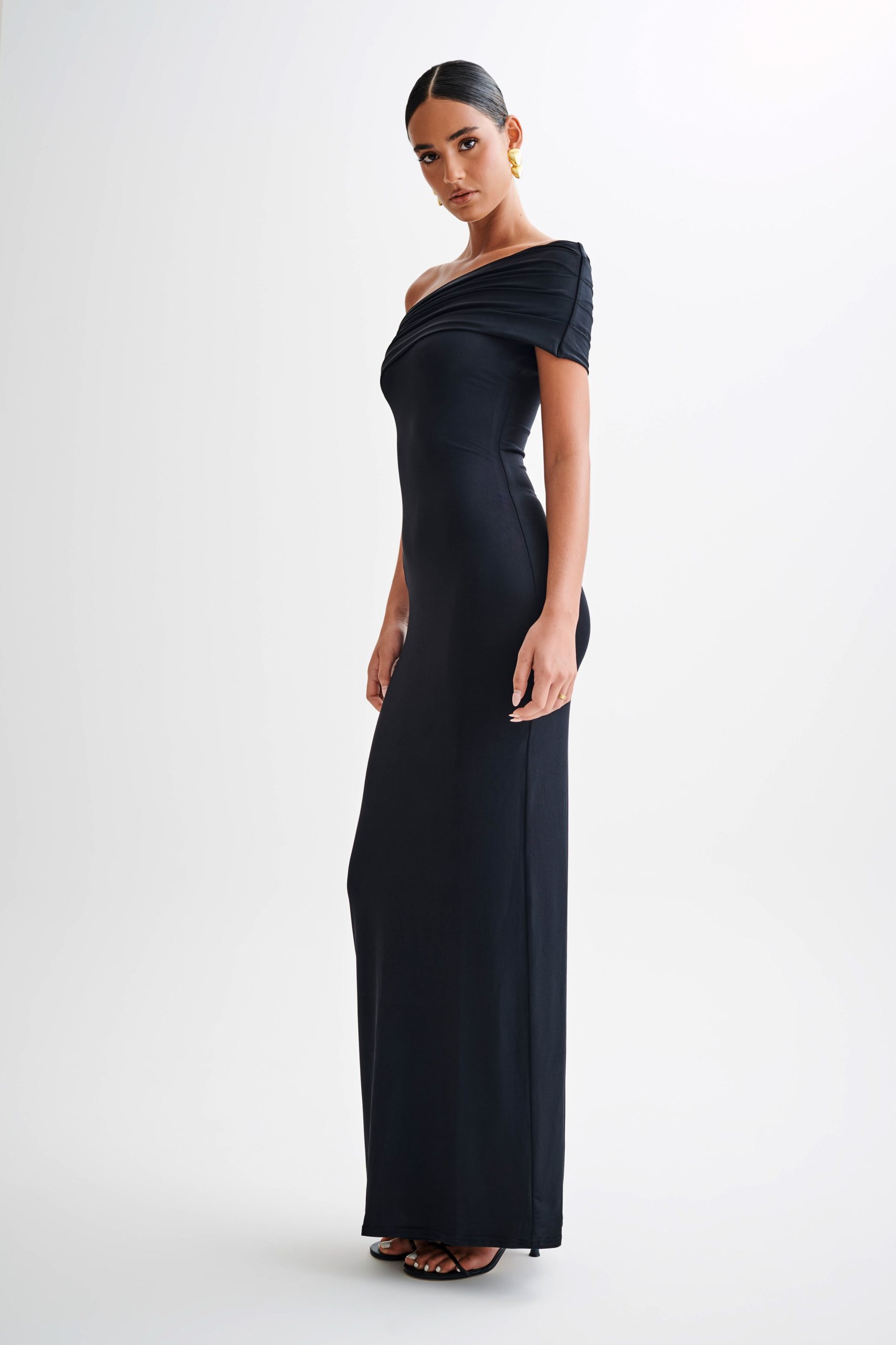 Cassandra Off Shoulder Slinky Maxi Dress - Black - Image 4