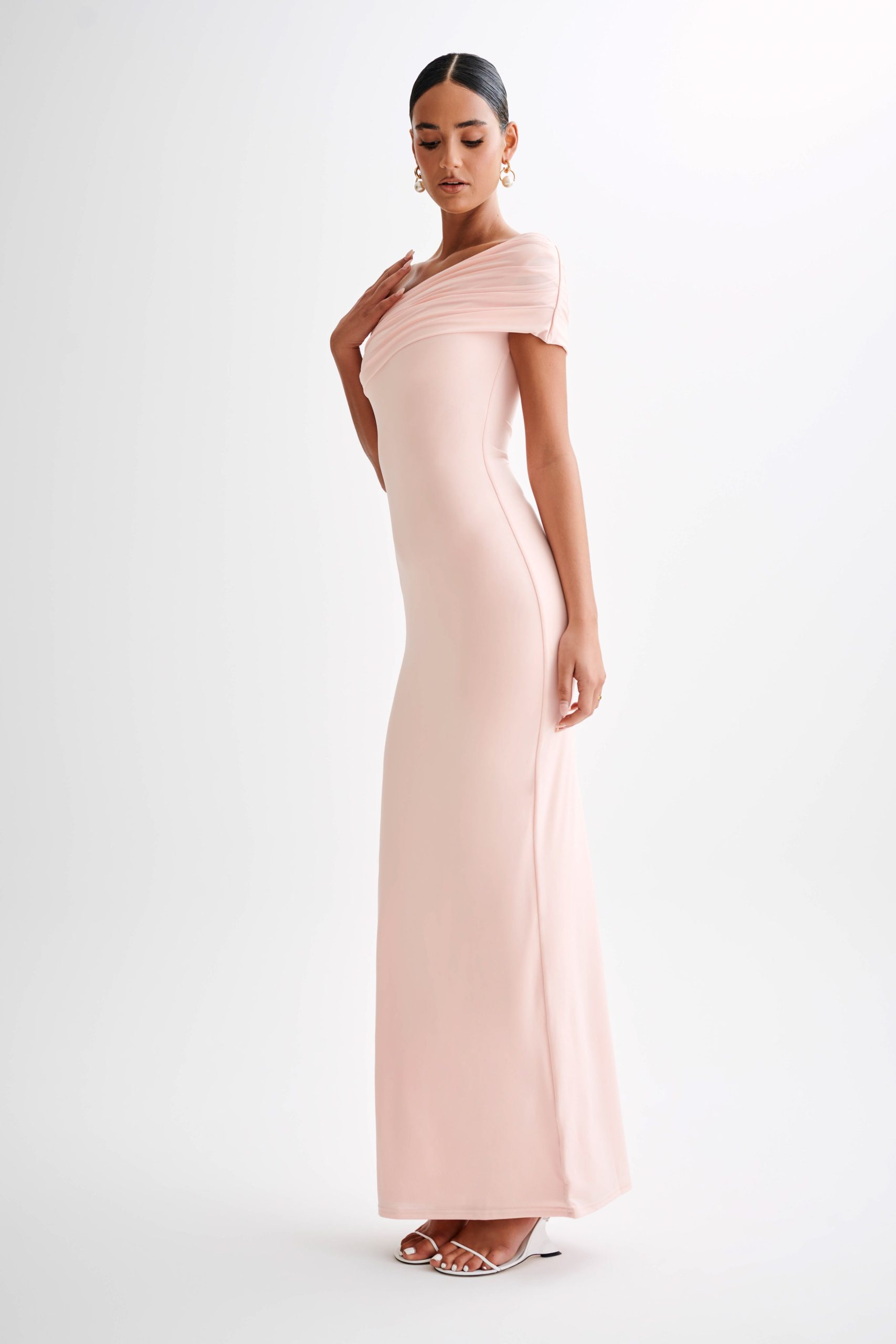 Cassandra Off Shoulder Slinky Maxi Dress - Pale Pink - Image 5