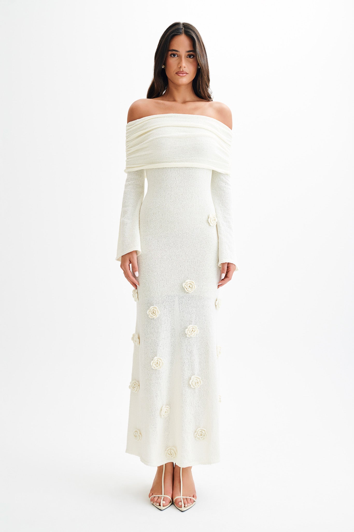 Kiki Off Shoulder Knit Rose Maxi Dress - Ivory - Image 2