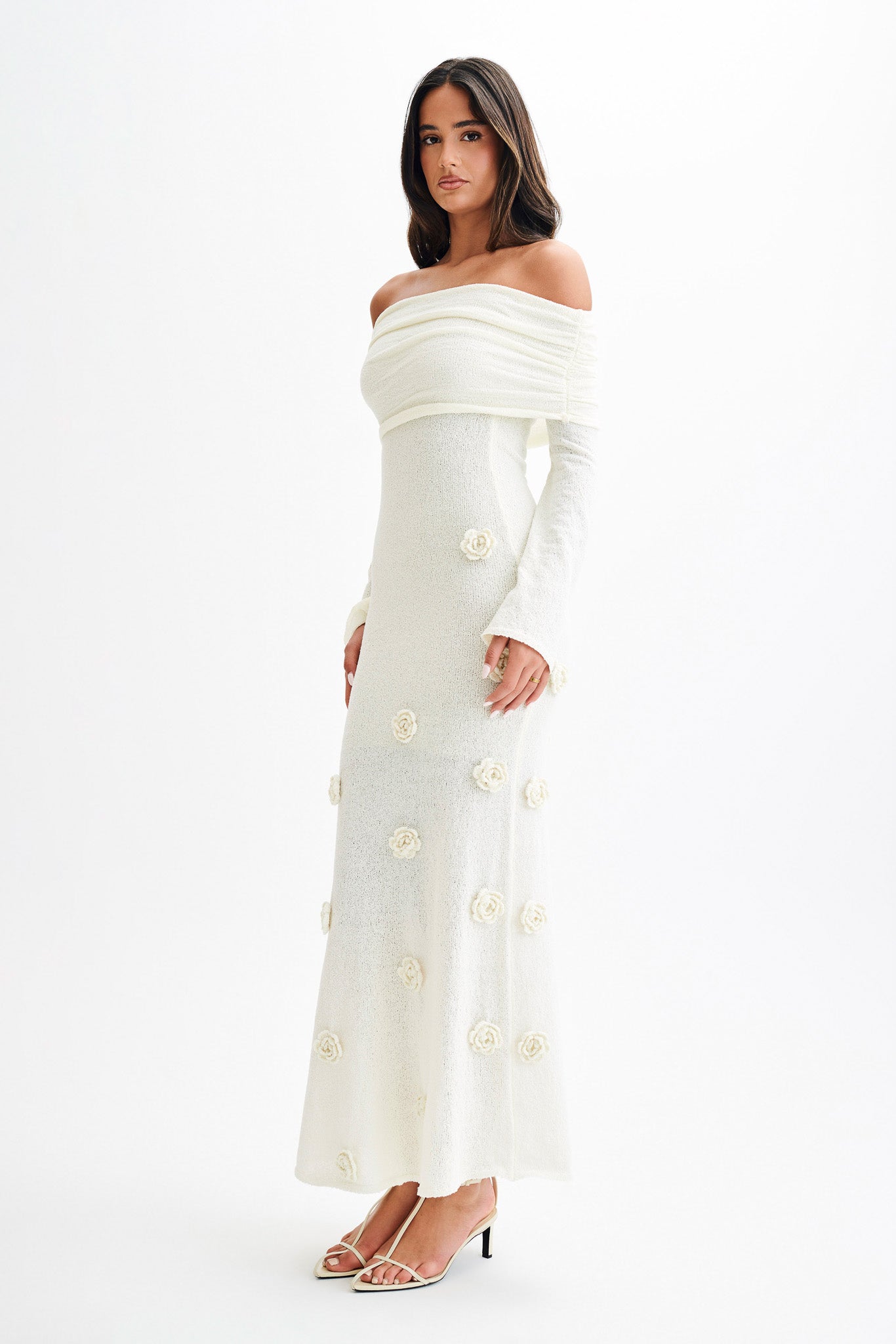 Kiki Off Shoulder Knit Rose Maxi Dress - Ivory - Image 5