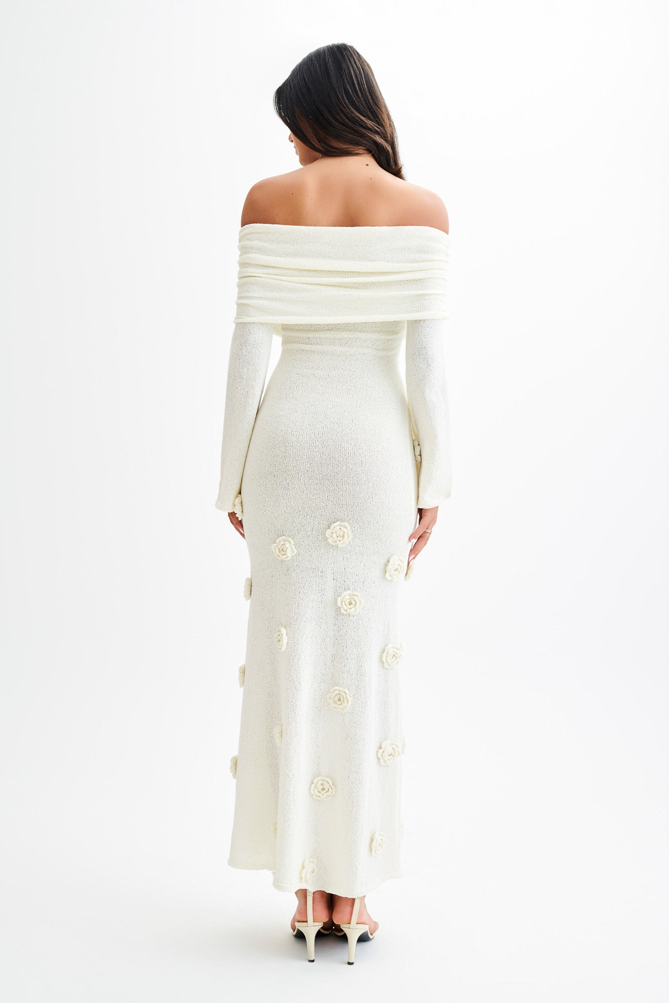 Kiki Off Shoulder Knit Rose Maxi Dress - Ivory - Image 3