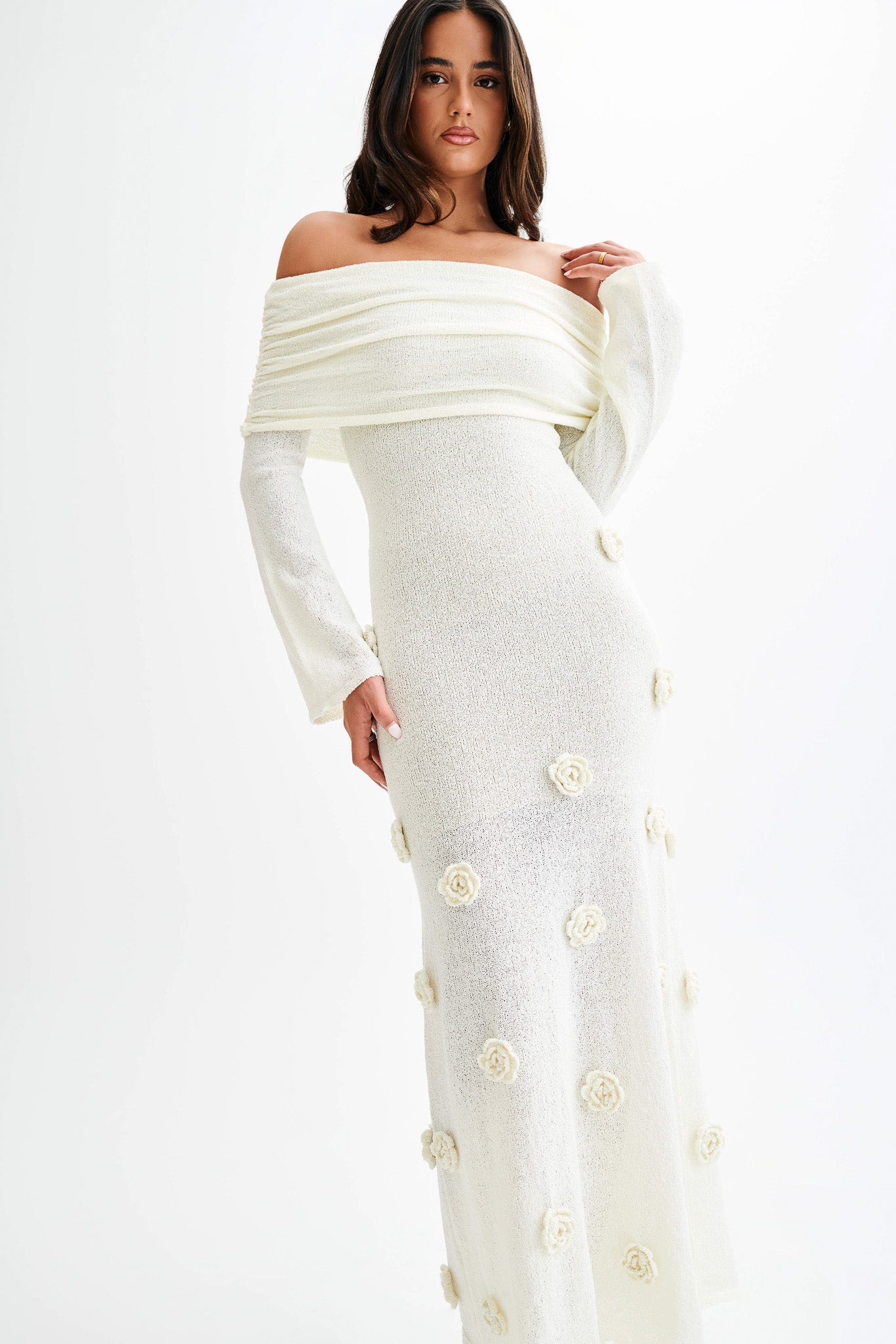 Kiki Off Shoulder Knit Rose Maxi Dress - Ivory - Image 7