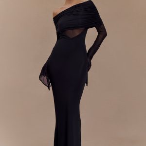 Kaitlin One Shoulder Slinky And Mesh Maxi Dress - Black