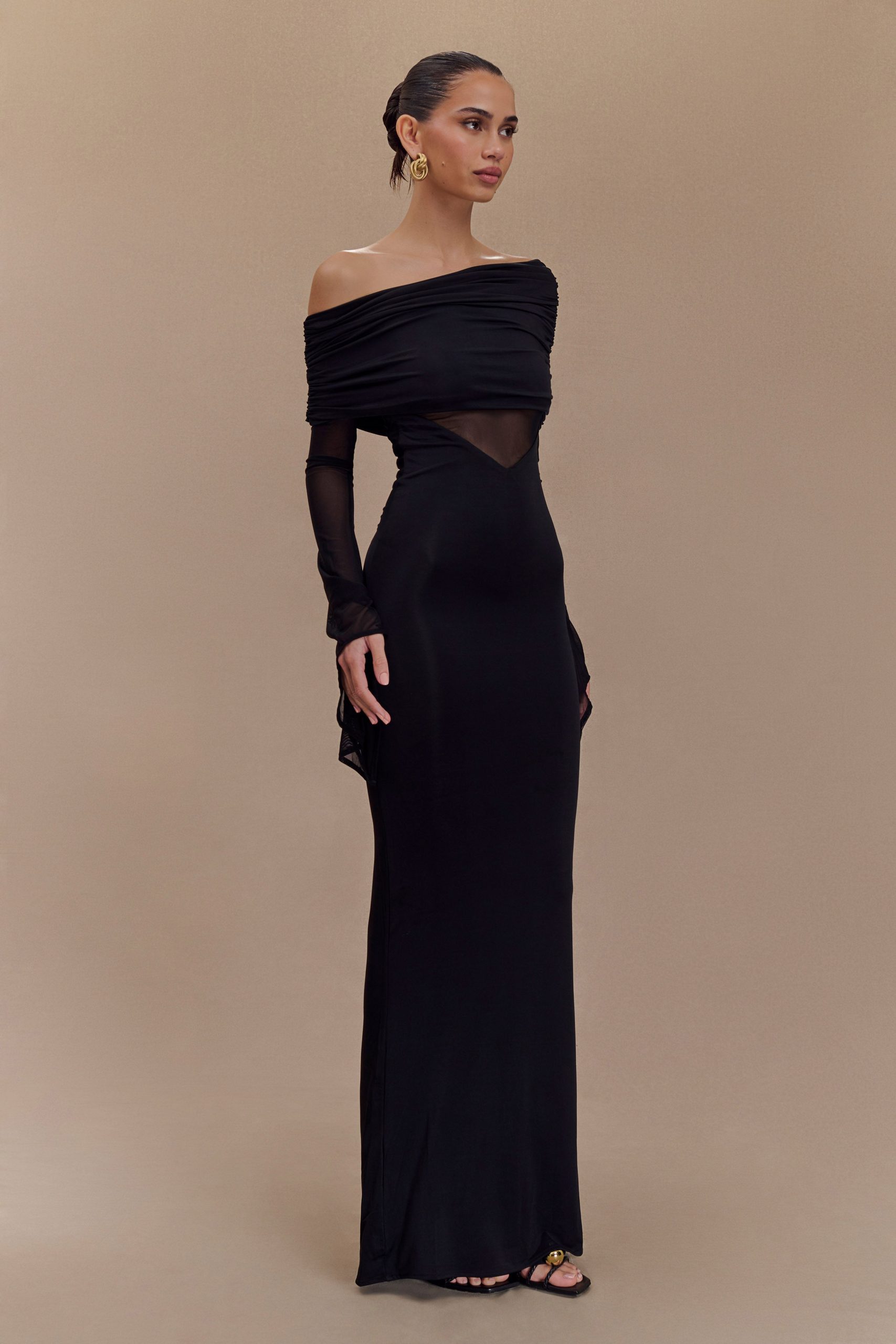 Kaitlin One Shoulder Slinky And Mesh Maxi Dress - Black - Image 3