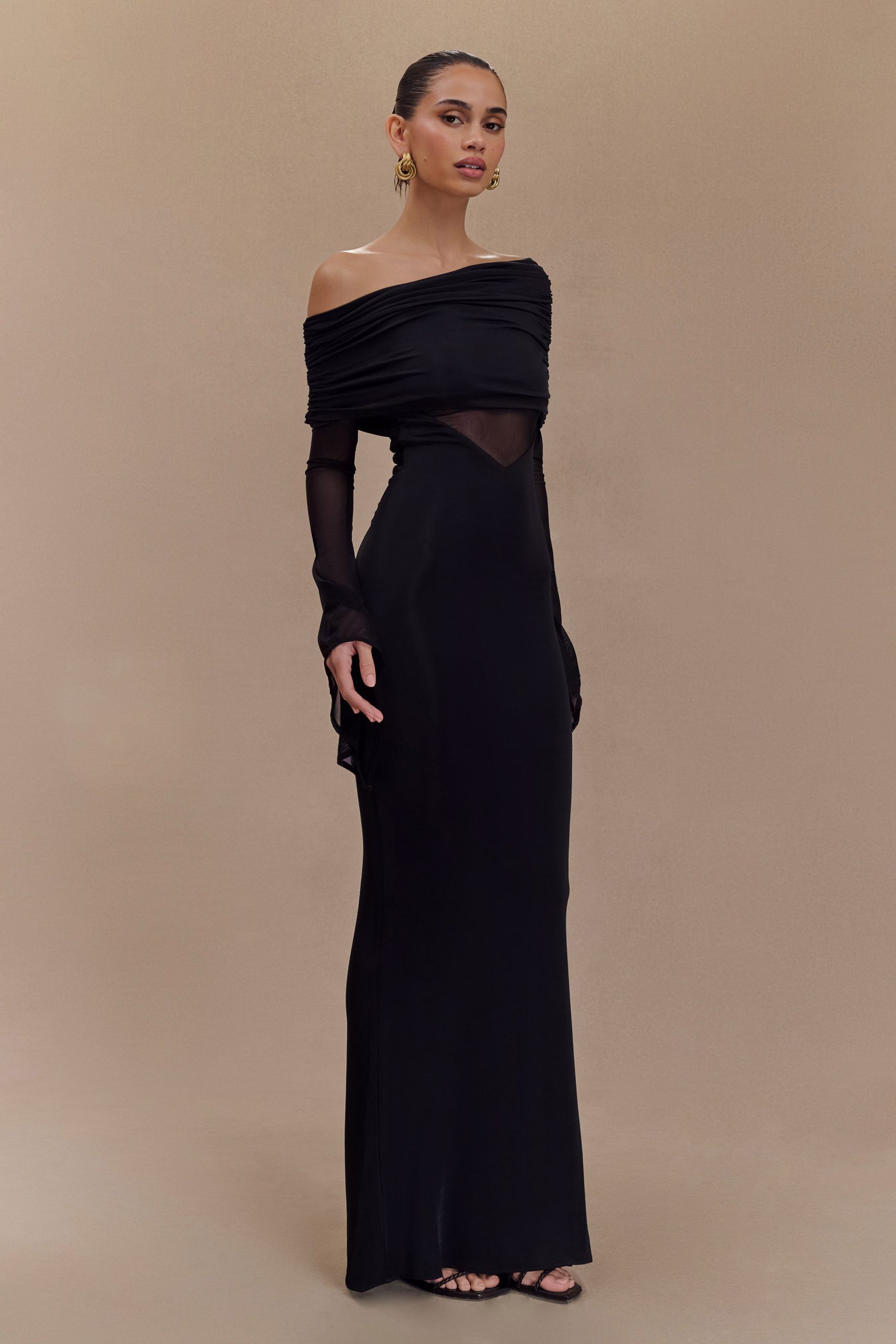 Kaitlin One Shoulder Slinky And Mesh Maxi Dress - Black - Image 6