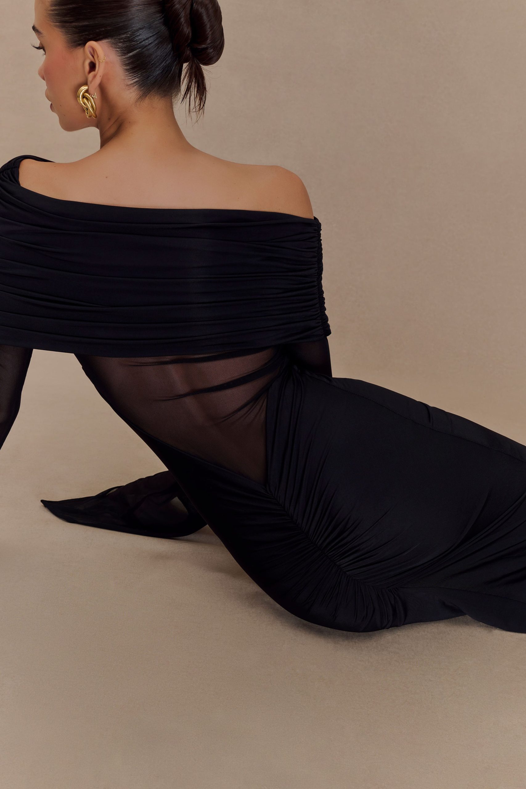Kaitlin One Shoulder Slinky And Mesh Maxi Dress - Black - Image 4