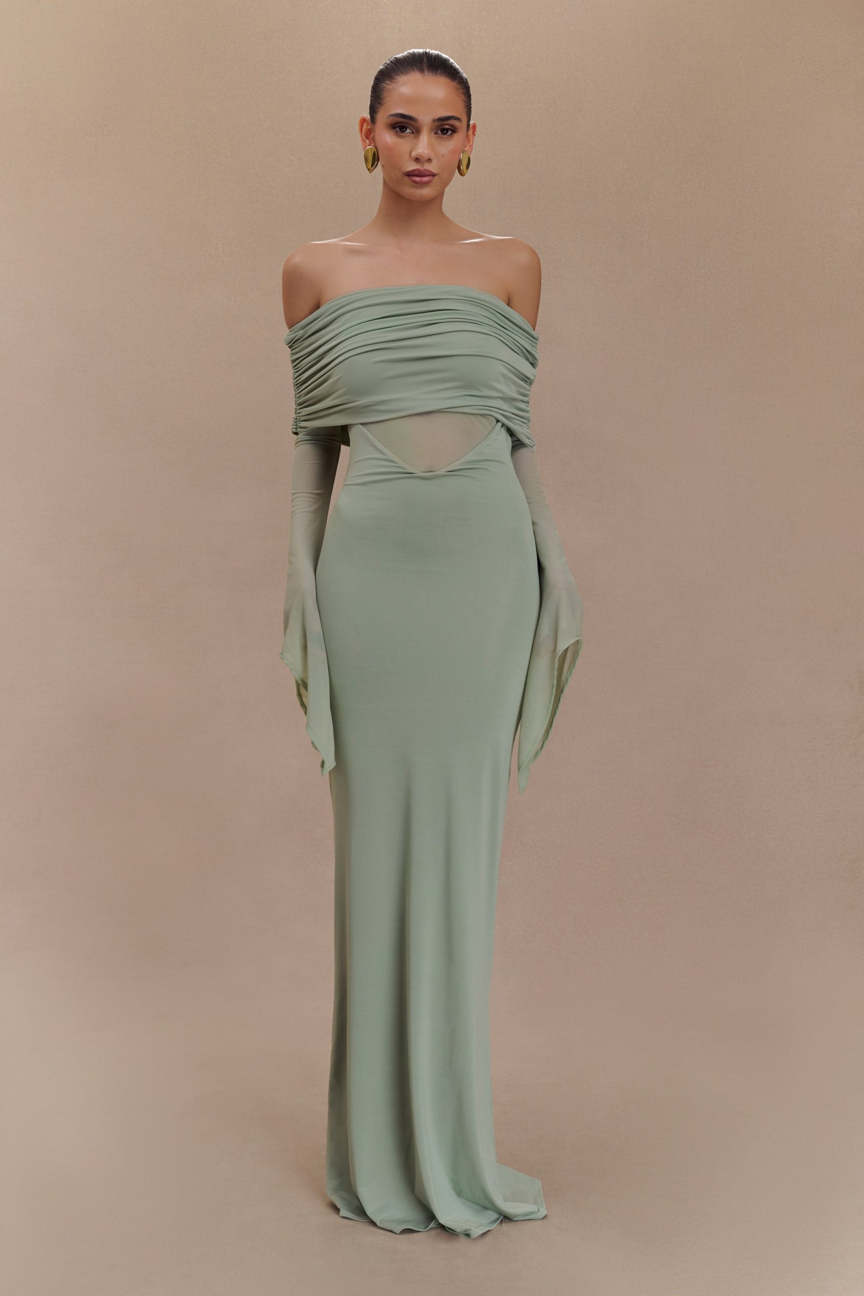 Kaitlin One Shoulder Slinky And Mesh Maxi Dress - Basil - Image 5