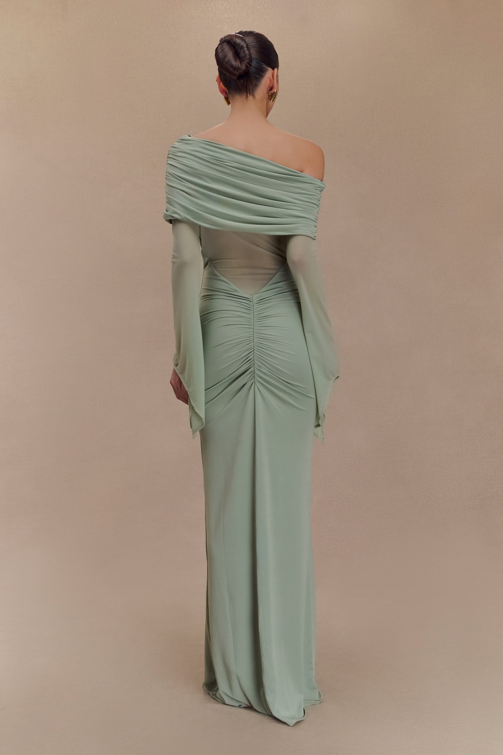 Kaitlin One Shoulder Slinky And Mesh Maxi Dress - Basil - Image 2