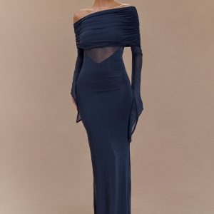 Kaitlin One Shoulder Slinky And Mesh Maxi Dress - Midnight Blue