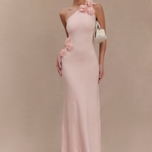 Paloma One Shoulder Knit Maxi Dress With Flowers - Baby Pink