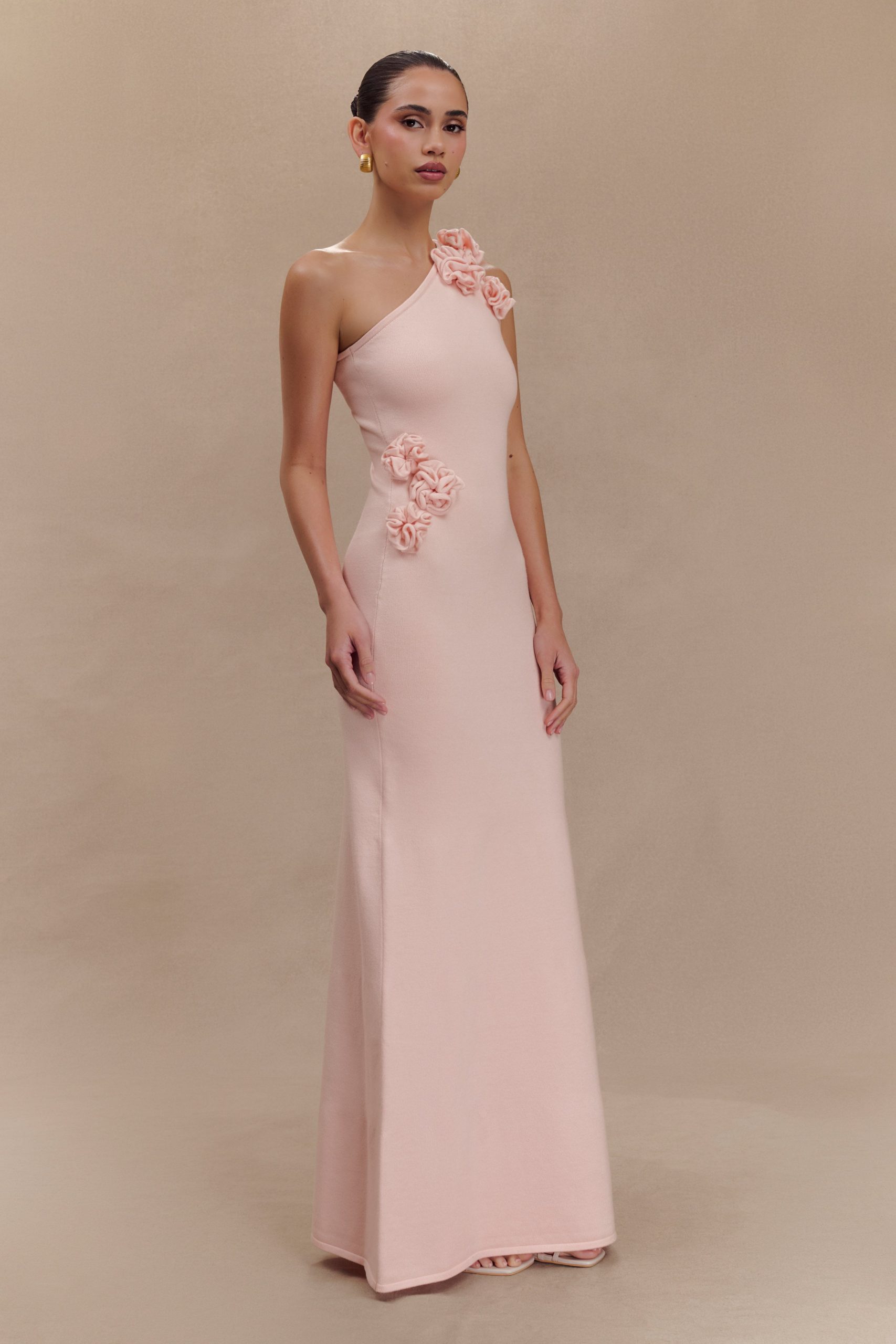 Paloma One Shoulder Knit Maxi Dress With Flowers - Baby Pink - Image 4