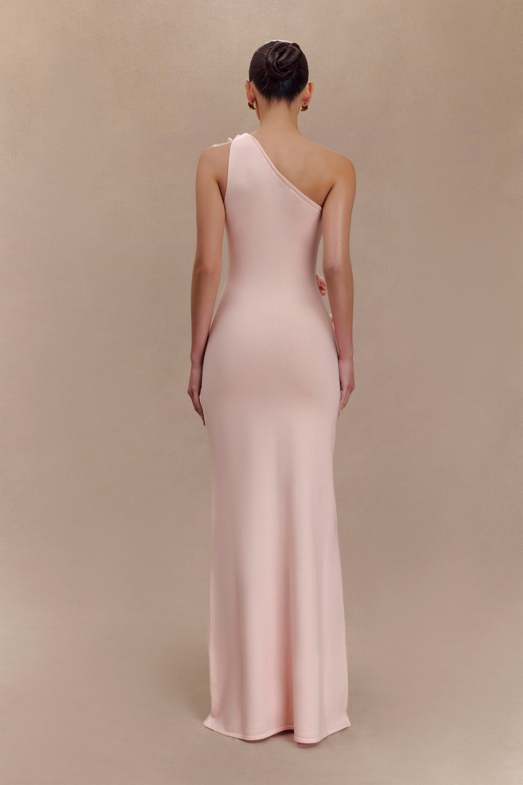 Paloma One Shoulder Knit Maxi Dress With Flowers - Baby Pink - Image 2