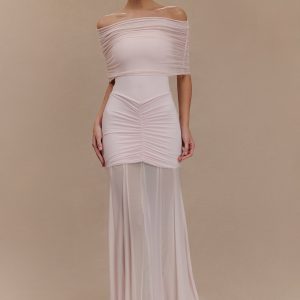 Caspian Slinky And Mesh Off Shoulder Maxi Dress - Pale Pink