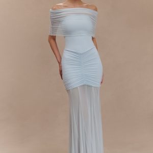 Caspian Slinky And Mesh Off Shoulder Maxi Dress - Pale Blue