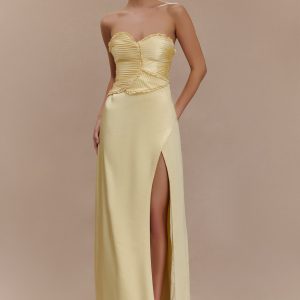 Larissa Satin Maxi Dress With Ruched Petals - Lemon