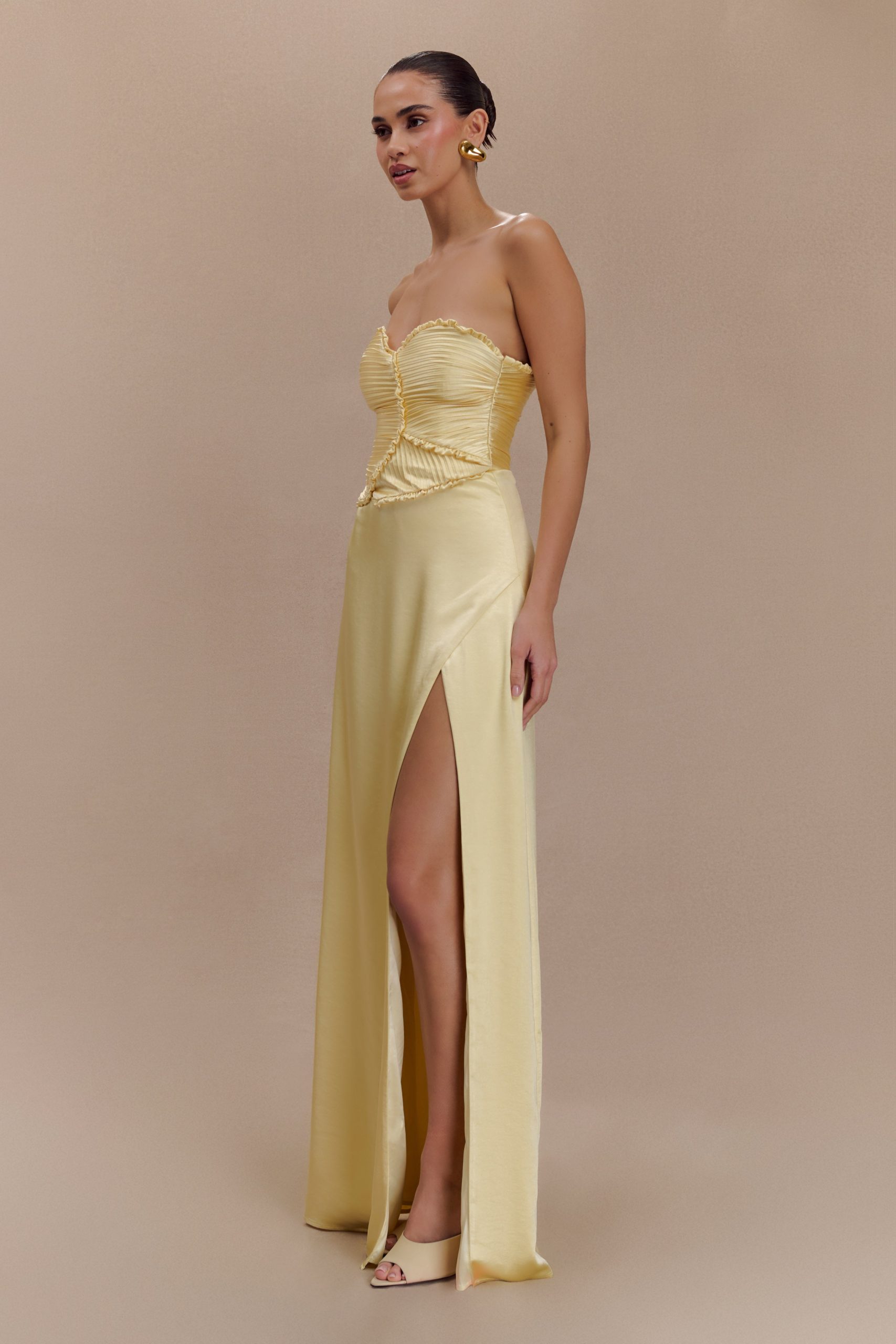 Larissa Satin Maxi Dress With Ruched Petals - Lemon - Image 3