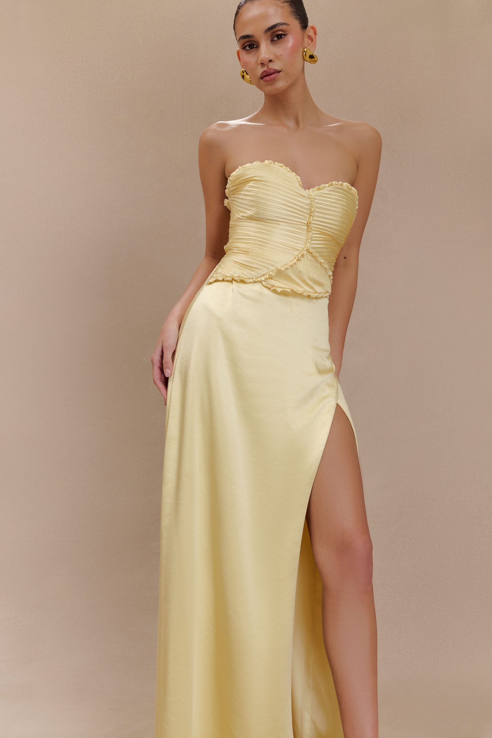 Larissa Satin Maxi Dress With Ruched Petals - Lemon - Image 5