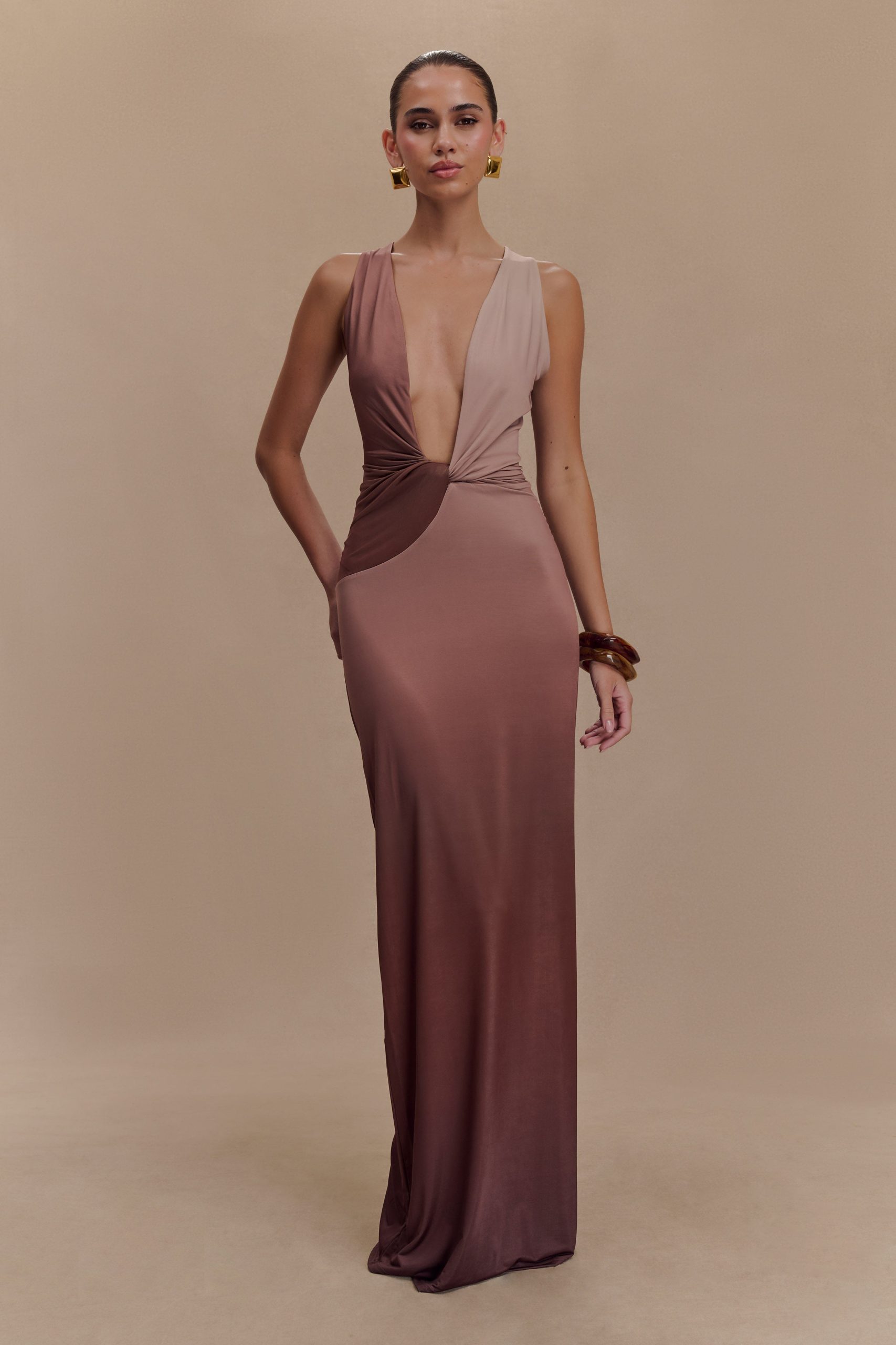 Stella Draped Slinky Maxi Dress - Mocha Ombre - Image 5