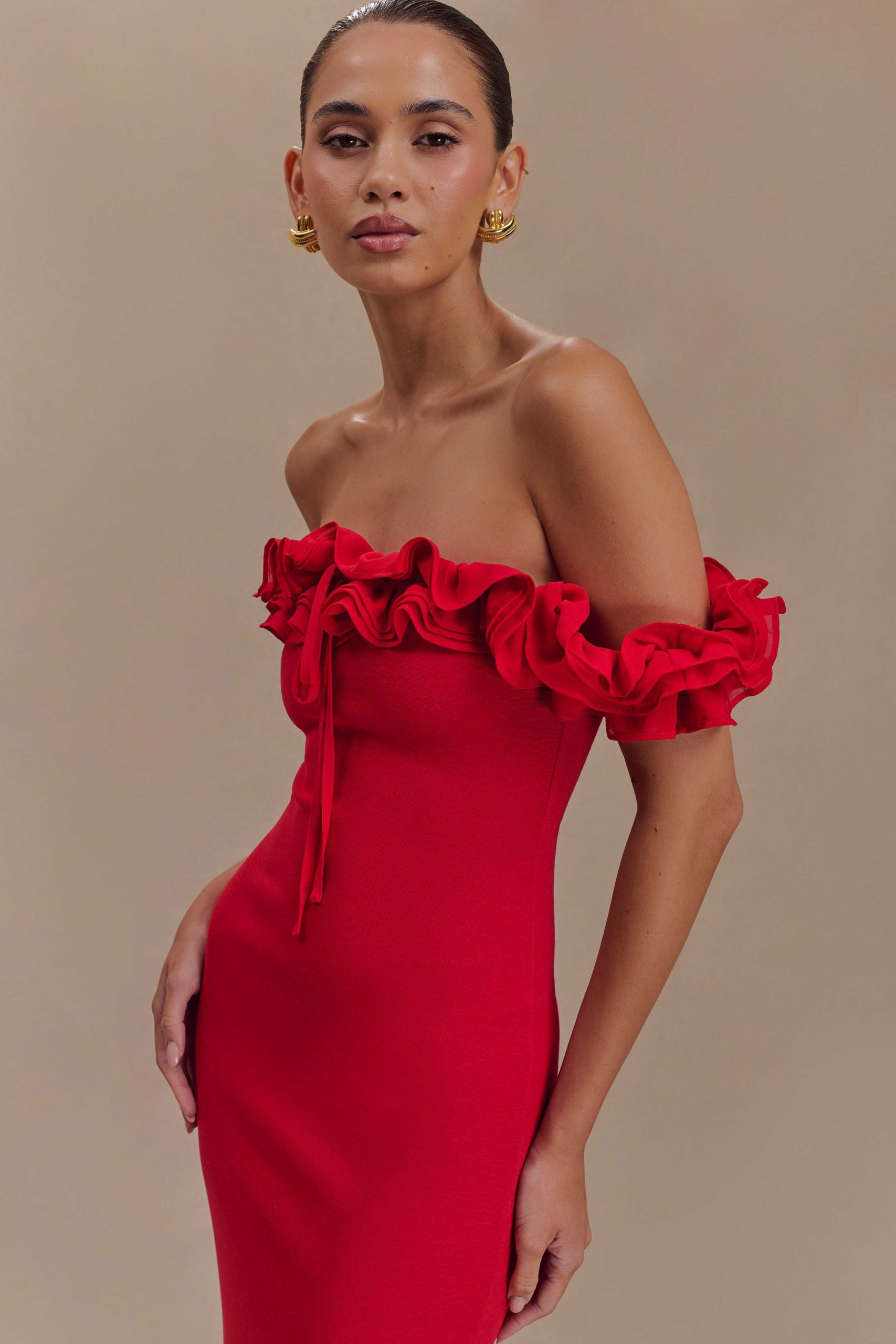 Nova Ruffle Off Shoulder Maxi Dress - Ruby - Image 4