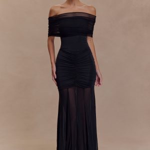 Caspian Slinky And Mesh Off Shoulder Maxi Dress - Black