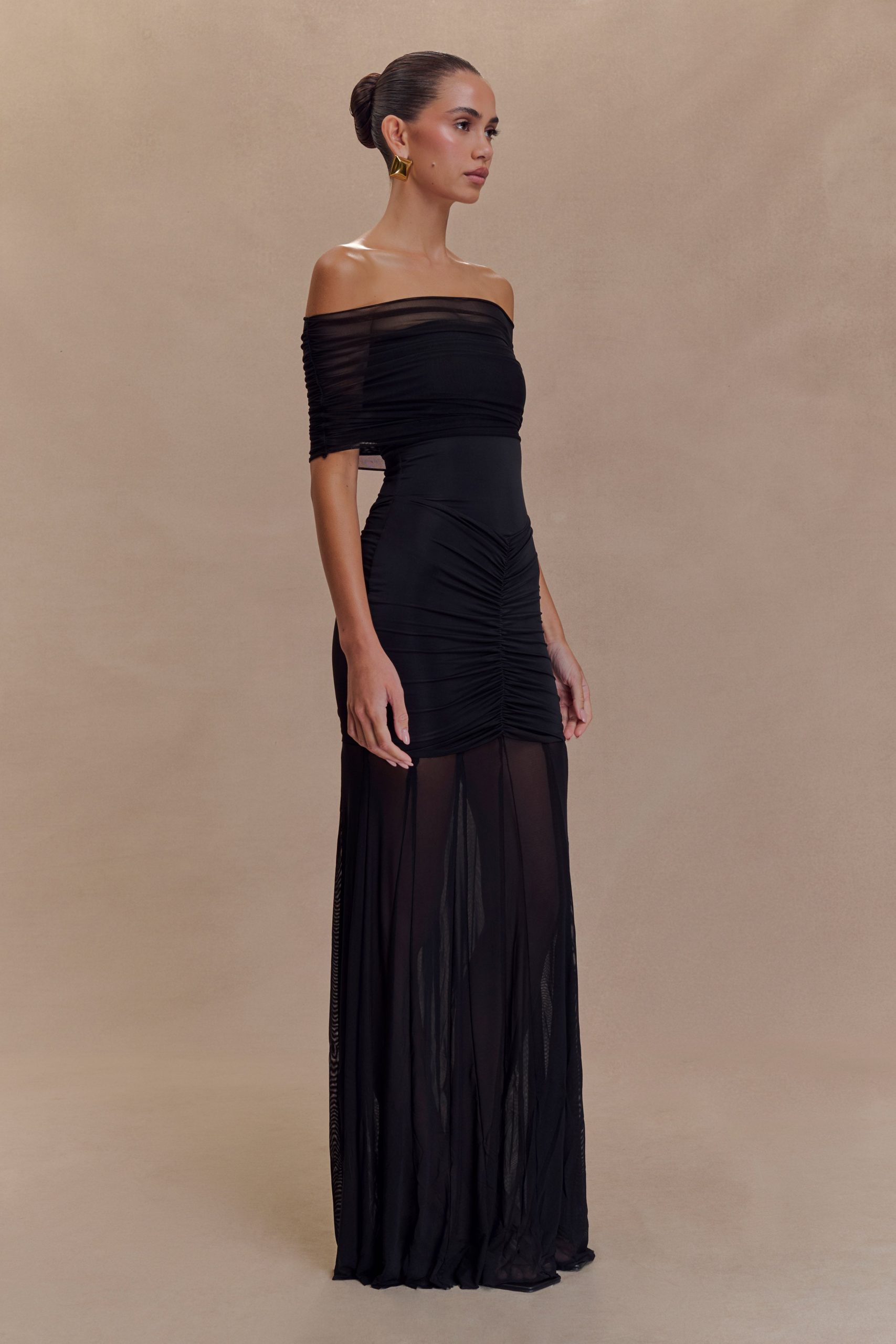 Caspian Slinky And Mesh Off Shoulder Maxi Dress - Black - Image 3